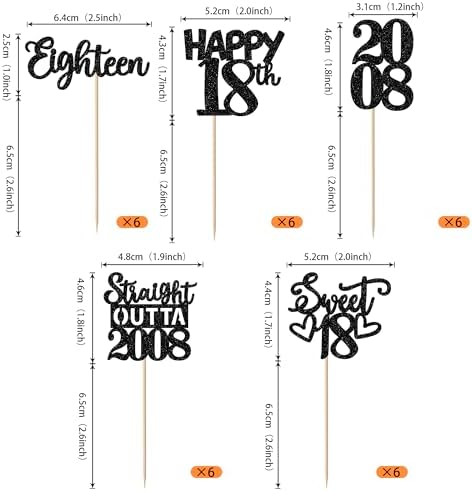 30PCS Black 18th Birthday Cupcake Toppers Glitter Eighteen Happy 18th Straight Outta 2008 Cupcake Picks for Cheers to 18 Years Birthday Wedding Anniversary Party Decoration Supplies