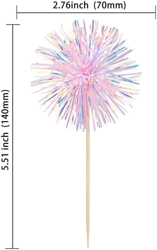 Ephlyn 30Pcs Foil Firework Cupcake Toppers Happy Birthday Cake Toppers Tinsel Flower Drink Stirrers Cocktail Food Fruit Toothpicks for Valentine's Day Party Decorations Pink