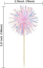 Ephlyn 30Pcs Foil Firework Cupcake Toppers Happy Birthday Cake Toppers Tinsel Flower Drink Stirrers Cocktail Food Fruit Toothpicks for Valentine's Day Party Decorations Pink