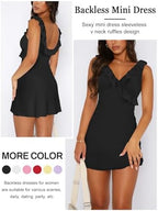 Women's Sexy V Neck Sleeveless Backless Ruffles Dress for Women Elegant Mesh Party Fitted Cocktail Mini Dresses