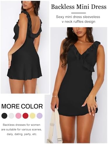 Women's Sexy V Neck Sleeveless Backless Ruffles Dress for Women Elegant Mesh Party Fitted Cocktail Mini Dresses