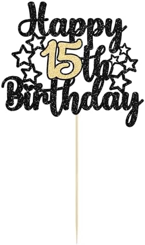 Gyufise 1Pc Happy 15th Birthday Cake Topper Black Gold Glitter Cheers to 15 Years Birthday Cake Pick 15 Fabulous Cake Decoration for Happy 15th Birthday Anniversary Party Supplies