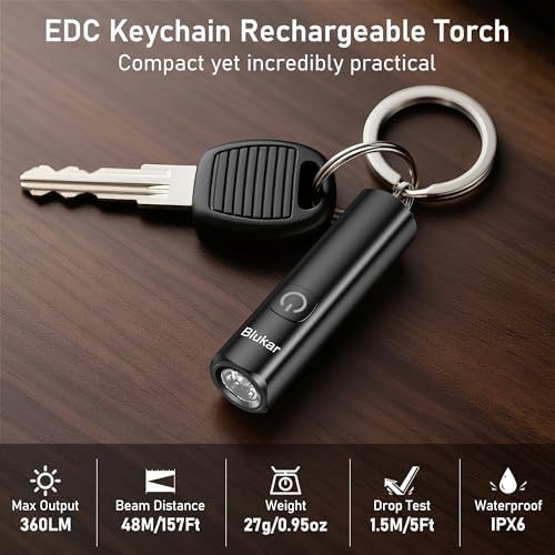 Blukar Rechargeable EDC Flashlight, 360L Mini Keychain Flash Light with 3 Lighting Modes, Memory Function, Waterproof, Compact and Portable Pocket Light for Everyday Carry, Emergency,Camping,Outdoor