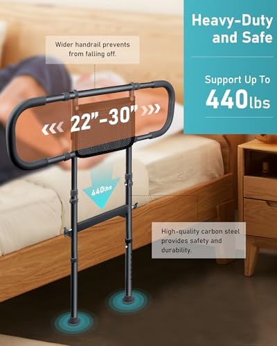 AMOVO Bed Rails for Elderly Adults Safety Bed Guard Rails for Seniors Extended Handle Bed Assist Rail with Storage Pouch, Stable Bedside Cane Support Bar Grab, Fit King Queen Full Twin