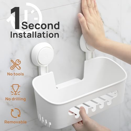 LEVERLOC Shower Caddy Suction Cup, Shower Organizer Removable Bathroom Shelf, Storage Suction Powerful Max Hold 22lbs Bathroom Caddy Waterproof Holder, White