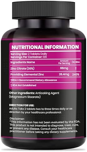 Zinc Citrate 50mg Vegetable Tablets – 240 Count – Non-GMO, Gluten Free, Supplement – Immune System Support, Skin Health & Eye Health – High Absorption Zinc Citrate Formula