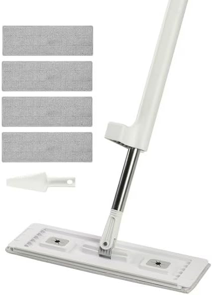 Hands-Free Self-Wringing Flat Mop with 4 Reusable Pads - 360° Rotating Wet Dry Microfiber Floor Mop for Hardwood Tile Laminate