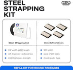 IDL Packaging Refill for Round 5/8" Steel Strapping Kits - 5/8" x 200' Steel Strapping Coil in Self-Dispensed Cardboard Box and 100 of 5/8" Closed Seals