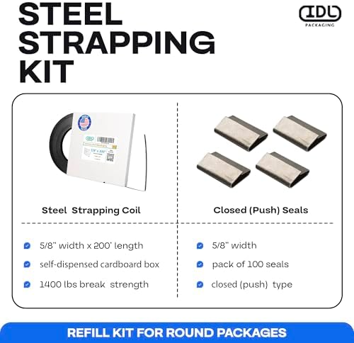 IDL Packaging Refill for Round 5/8" Steel Strapping Kits - 5/8" x 200' Steel Strapping Coil in Self-Dispensed Cardboard Box and 100 of 5/8" Closed Seals