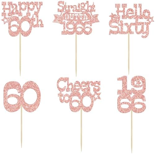 Ephlyn 30Pcs Happy 60th Birthday Cupcake Toppers Glitter Sixty Straight Outta 1966 Cupcake Picks Cheers to 60 Years Cake Decorations for Happy 60th Birthday Anniversary Party Supplies Rose Gold