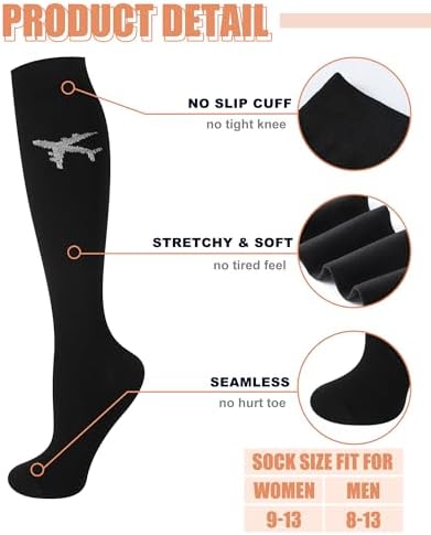 Skicuff 4 Pairs Travel Compression Socks for Men Women 15-25 mmHg Flight Support Knee High Stockings for Travel Flight