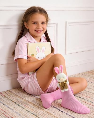 Jeasona Kids 3D Bear & Rabbit Crew Socks for Ages 3-8, Ribbed Knit with Removable Plush Charm