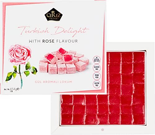 Turkish Delight with Rose Flavor 454gr Gourmet Medium Size Snacks Gift Box | No Nuts Sweet Luxury Traditional Confectionery Vegan Soft Candy Dessert Glucose Free Lokum (Loukoumi) Approx.42 Pcs
