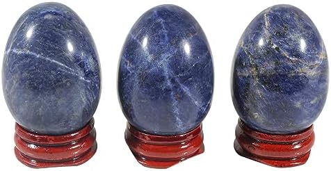 2" Natural Sodalite Egg with Wood Stand for Home Decoration, Polished Crystal Pocket Palm Sphere Fengshui Figurines Healing Reiki