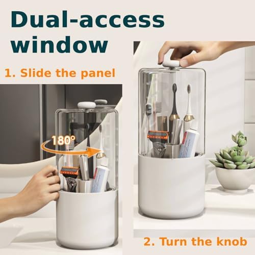 Toothbrush Holder with Cover 360 Rotating 4 Compartments Bathroom Toothpaste Electric Toothbrush Organizer, White