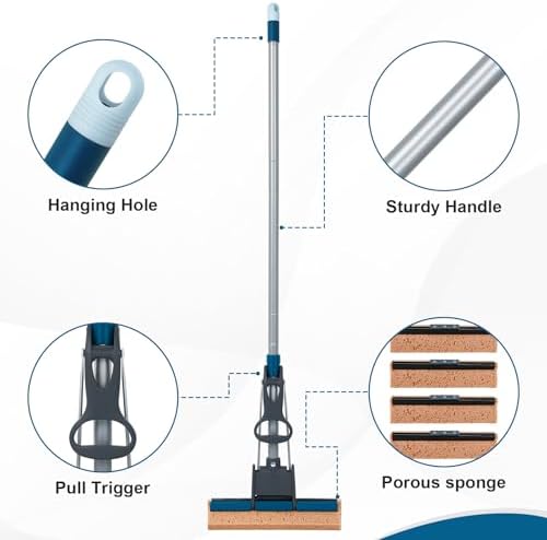 Sponge Mop for Floor Cleaning, 50" Heavy Duty Roller Mop with 4 Cellulose Refill Heads, Easy Self-Squeeze for Hardwood Tile Concrete, Wall Ceiling