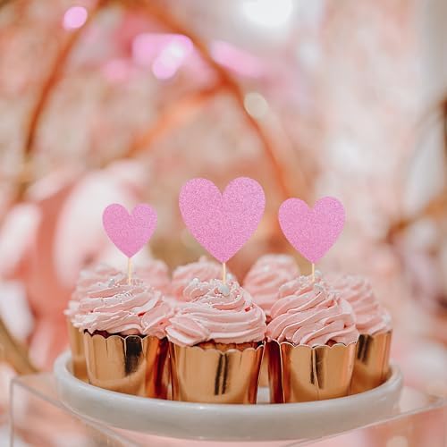 36Pcs Heart Cupcake Toppers Pink Glitter Sweet Love Cupcake Picks Valentine's Day Wedding Engagement Bridal Shower Birthday Party Cake Decorations Supplies 3 Size