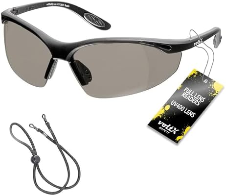 voltX 'Constructor' SAFETY READERS Full Lens Reading Safety Glasses (+1.5 Dioptre, Smoke) ANSI Z87.1+ & CE EN166F, Wraparound Style - Includes Safety Cord with headstop - UV400 anti fog coated lens