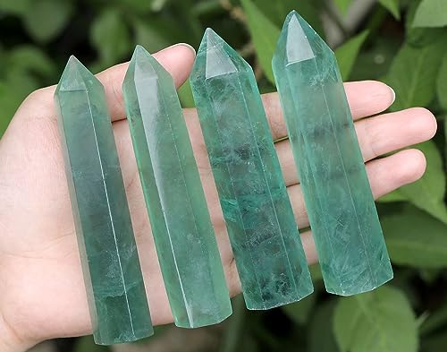 LAIDANLA Green Fluorite Healing Crystals Wands 3.5-4" Natural Reiki Energy Wand Stone Hexagonal Point Obelisk Large Crystal Gemstones for Meditation Therapy Crystal Grid Decoration 1Pcs