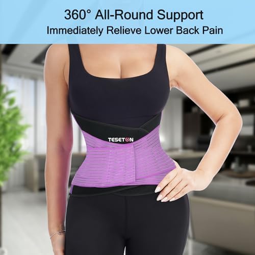TESETON Back Support Brace Belt for Men & Women, Breathable Lumbar Support Belt, scoliosis back brace, Waist Relax Lower Back Pain & Sciatica Pain Relief with 8 reinforced Bones 02 Purple-M