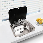 RV Sink Stainless Steel Kitchen Hand Wash Basin Sink with Folded Faucet Tempered Glass Lid Washbasin for Camper Trailer Caravan (Sink with Faucet U)