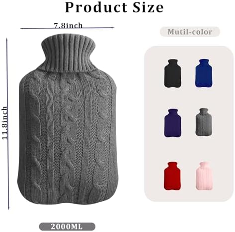Hot Water Bottle with Knitted Cover,2L Hot Water Bag,Hand Warmer Bag,Hot and Cold Therapies for Sore Muscles,Menstrual Cramps,Neck and Shoulder Pain Relief,Great for Women,Childs (Gray)