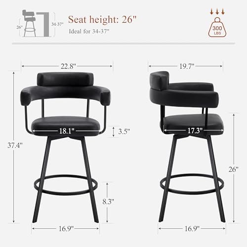 26’’ Swivel Counter Height Stools with Round Back, Faux Leather Upholstered Bar Stools with Metal Legs, Armrest, Modern Counter Stools for Kitchen Island, Dining Room (Black, Set of 2)