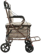 Foldable Shopping Cart with Seat for Seniors - 4 Wheel Rollator Walker, Portable Shopping Trolley with Brakes, Large Basket & Adjustable Armrest, 220lbs Capacity (White Grid)