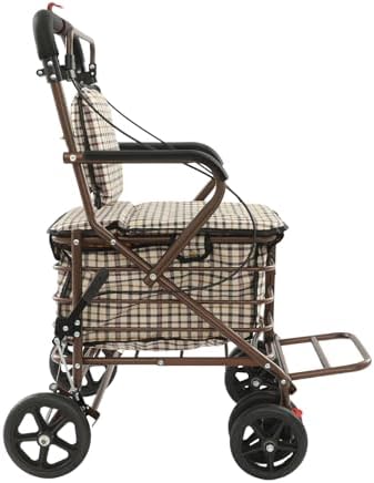 Foldable Shopping Cart with Seat for Seniors - 4 Wheel Rollator Walker, Portable Shopping Trolley with Brakes, Large Basket & Adjustable Armrest, 220lbs Capacity (White Grid)
