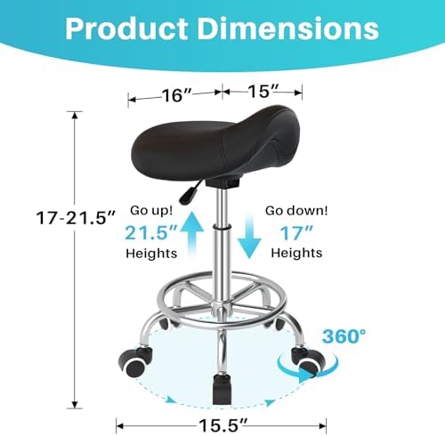 YEEZEE Saddle Stool Ergonomic- Comfortable Rolling Saddle Stool with Wide Thick Saddle Seat Padding, Swivel Adjustable Saddle Chair with Wheels and Ring Pedal for Medical Massage Salon (Dark Black)