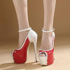 Vujkliy 16CM/6.29IN Thick-Soled Open-Toe Fish Mouth Sexy Super High-Heeled Sandals for Female Model Catwalk Color-Blocked High Heels