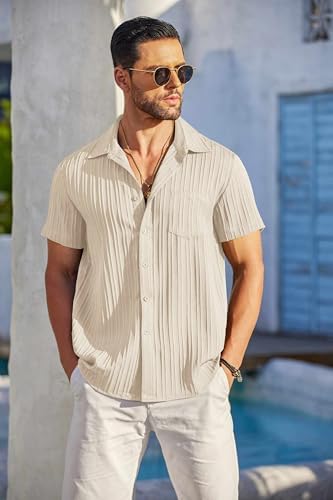 COOFANDY Men's Casual Button Down Shirts Short Sleeve Textured Summer Beach Shirt with Pocket