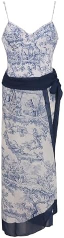 YUNAR Women Retro Deep Plunging One Piece Monokini Swimwear with Sarong 2 pcs Set