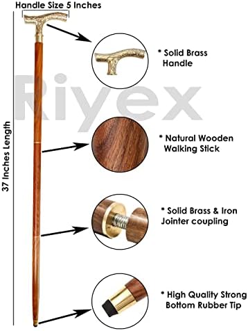 Walking Stick - Men Derby Canes and Wooden Walking Stick for Men and Women - 37" Brown Ebony Brass T Shape Handle in Golden Tone Natural Wood Unisex Cane
