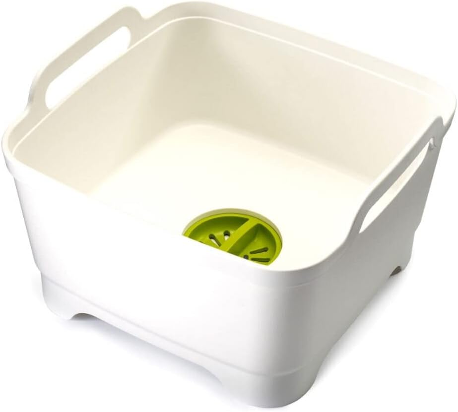 Joseph Joseph Wash & Drain Kitchen Dish Tub Wash Basin with Handles and Draining Plug, 9 liters/2.3 Gallons, White/Green