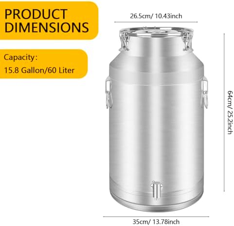 304 Stainless Steel 60 Liter Milk Can Milk Bucket Wine Pail Bucket with Spigot 15.85 Gallon Milk Can Tote Jug with Sealed Lid Heavy Duty for Milk and Wine (60L)