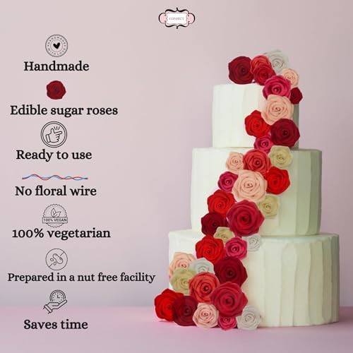 Confect Edible Red Rose Toppers – Pack of 12 Christmas Cake Decorations for Cupcakes, Cakes & Donuts – Vegan, Gluten-Free, Dairy-Free, Palm Oil-Free