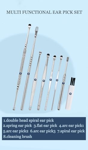 8 Pcs Ear Pick Earwax Removal Set, Stainless Steel Silvery Double Headed Ear Cleansing Tool Set, Ear Curette Ear Wax Remover Tool with A Cleaning Brush and A Storage Box
