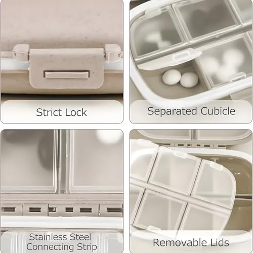 Pill Organizer, 8 Compartments Portable Pill Case, Easy-to-Open Portable Moisture-Proof and Waterproof Travel Pill Organizer, for Pocket、Travel（Beige）