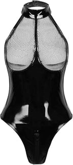 Sexy Women's Lingerie PVC Leather Mesh Bra Wetlook Halter Neck One Piece Clubwear Teddy Bodysuit