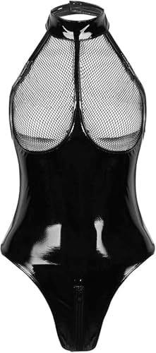 Sexy Women's Lingerie PVC Leather Mesh Bra Wetlook Halter Neck One Piece Clubwear Teddy Bodysuit