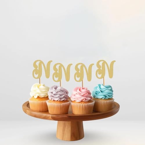 26 letter Cupcake Topper - 24 Pack Glitter Gold letter N Cupcake Decorations, Suitable for Birthday Party, Wedding Anniversary or Photo Booth Props (N)