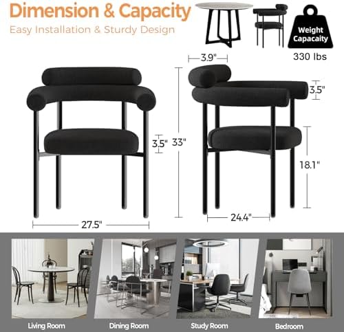 STHOUYN Modern Black Dining Chairs Set of 2 for Kitchen & Dining Room, Boucle Dining Chair with Arms, Barrel Dinner Chairs with Metal Legs & Curved Backres (2PCS, Black)