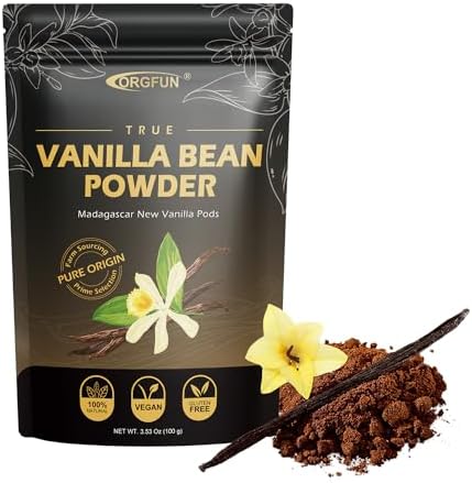 ORGFUN Vanilla Bean Powder 3.53 Oz, Native Ground Madagascar Vanilla Powder Pure Natural No Fillers or Additives Great for Baking, Desserts, Coffee Vegan Gluten Free 100G