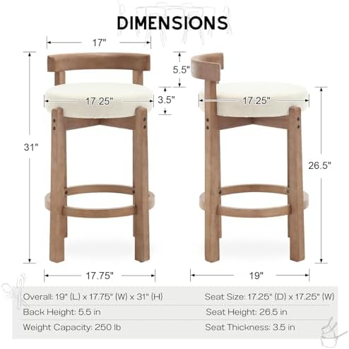 HEAH-YO Bar Stools Set of 2, 26.5" Counter Height Stools with Low Back, Beige — Mid Century Modern Style, Linen Fabric Seat, Solid Wood Legs, Ideal for Kitchen & Dining Room