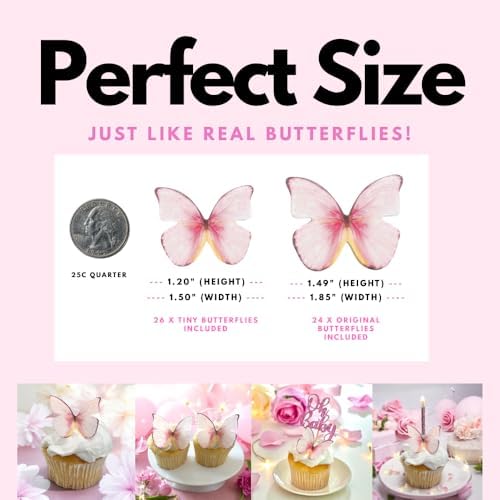 50 Pink (2 Sizes) Edible Butterflies with Edible Glitter Kit - Wafer Paper Butterflies - Butterfly Cupcake Toppers - Butterfly Cake Toppers - With Edible Glitter (50 Butterflies Pink (2 Sizes), Pink)