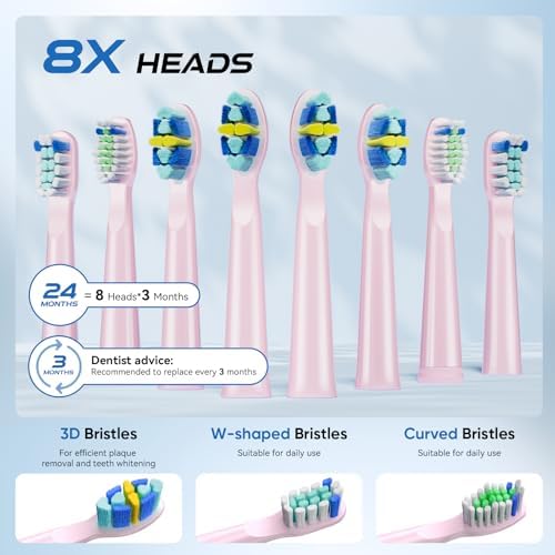 YUNCHI Electric Toothbrush Pink, Battery Toothbrush for Adults, Rechargeable Toothbrushs-8 Brush Heads, 5 Modes & 2 Min Smart Timer, IPX7 Waterproof,30 Days Battery Long,Travel Case