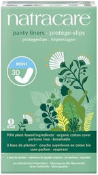 Natracare Natural Organic Mini Panty Liners, Made with Certified Organic Cotton, Ecologically Certified Cellulose Pulp and Plant Starch (1 Pack, 30 Liners Total)