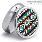3 Compartment Pill Box, Round Medicine Pill Case, Cute Travel Pill Case, Decorative Portable Organizer for Pocket Teal Turquoise Tribal Navajo Aztec Geometric Ethnic Pattern