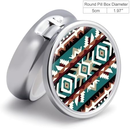 3 Compartment Pill Box, Round Medicine Pill Case, Cute Travel Pill Case, Decorative Portable Organizer for Pocket Teal Turquoise Tribal Navajo Aztec Geometric Ethnic Pattern